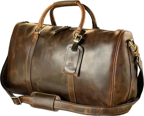 Bolsa de lona de cuero hecha a mano de 30 L, cuero de grano superior, tamaño de cabina aprobado por la TSA, estilo clásico vintage con perspectiva