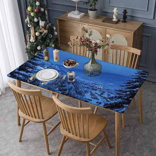 Vista 2 de Mantel ajustable elástico de granja, 24 x 36 pulgadas, mantel rectangular para mesa plegable de 3 pies, estampado de árboles de pinos de invierno