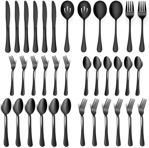 Vista 11 de LIANYU Juego de cubiertos negros de 46 piezas para 8, cubiertos de acero inoxidable con utensilios de servir, cubiertos elegantes que incluye