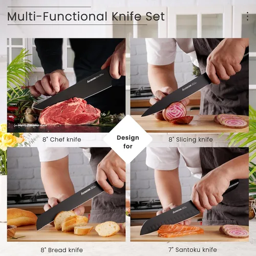 Vista 6 de Astercook Juego de cuchillos de cocina de 15 piezas con bloque y afilador de cuchillos integrado, mango de acero inoxidable alemán de una sola