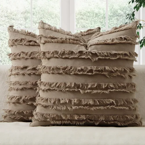 Vista 16 de MIULEE - Juego de 2 fundas de cojín decorativas de lino y estilo bohemio, con patrón jacquard a rayas, para sofá, sillón, sala de estar y Beige