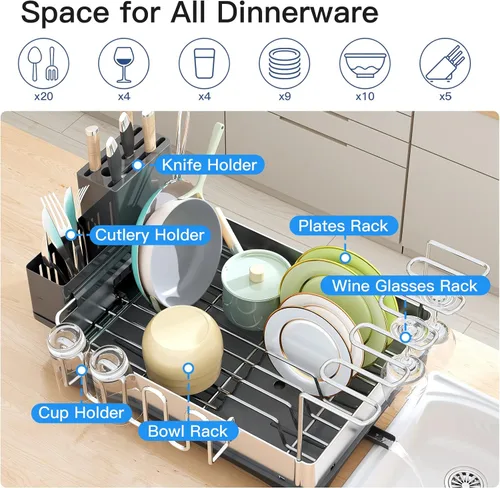 Vista 6 de Escurridor de platos, escurridor grande de acero inoxidable, para encimera de cocina con escurridor, escurridores compactos con soporte