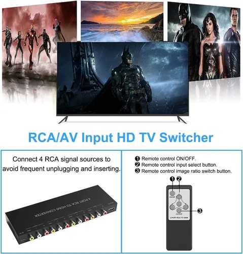 Vista 5 de Convertidor de AV a HDMI de 4 puertos, conmutador de AV a HDMI de 4 puertos con control remoto IR, soporte de 16:9/4:3 y cambio rápido compatible