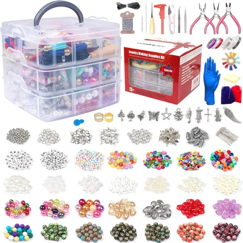 Vista 9 de YUGDRUZY Kit de suministros para hacer joyas, 2831 piezas, kit de fabricación de pulseras, herramienta de reparación con alicates de joyería