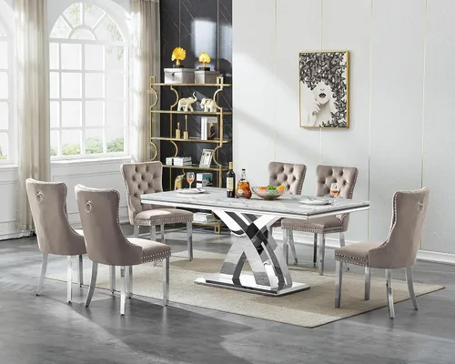 Vista 16 de Mesa de comedor de mármol blanco y dorado de 68.11 pulgadas con 4 sillas de comedor de terciopelo beige, juego de mesa de comedor de mármol