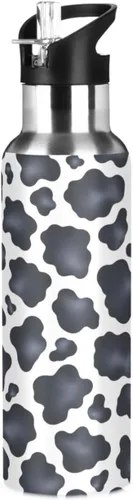 Black White Cow Spots Insulated Stainless Steel Water Bottle with Straw 20 Oz Leakproof Water Bottles, BPA-Free Sports Water Bottle with Straw
