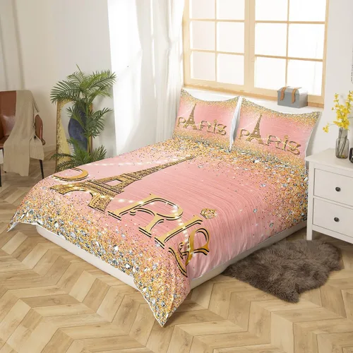 Vista 19 de Erosebridal Juego de ropa de cama de París para niñas y adolescentes, funda de edredón de la Torre Eiffel, tamaño Queen, funda de edredón