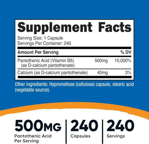 Vista 2 de Nutricost Ácido pantoténico (vitamina B5) 500 mg, 240 cápsulas (2 botellas)