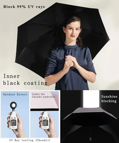 Vista 3 de choedii Paraguas para el sol, protección UV, sólido, compacto, portátil, automático, paraguas de lluvia de viaje, para mujer, impermeable, plegable