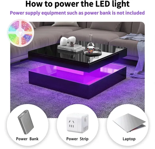 Vista 7 de FKWin Mesas de centro negras para sala de estar, mesa de centro LED con luces, moderna mesa de centro negra con superficie de alto brillo, mesa