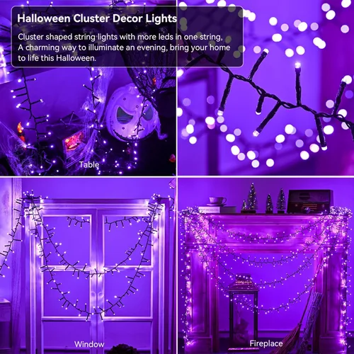 Vista 6 de Guirnalda de 400 luces LED moradas de Halloween, 19.7 pies, 8 modos, impermeable, para interiores y exteriores, Halloween, Navidad, guirnalda