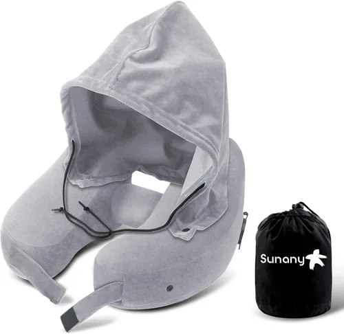 Vista 11 de Sunany Almohada de cuello para viaje, almohada inflable de avión que soporta cómodamente la cabeza, el cuello y la barbilla, almohada de viaje Azul