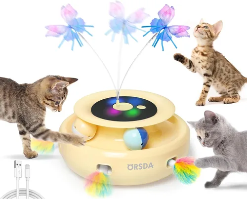 Vista 7 de ORSDA Juguete para gatos, 3 en 1 interactivo electrónico automático en movimiento con plumas de emboscada, mariposa revoloteante, bolas