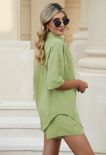 Vista 6 de Meenew Conjunto de 2 piezas para mujer, camisa de manga corta con botones y pantalones cortos, conjunto de sudadera de verano