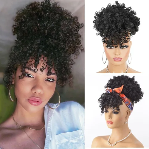 Vista 6 de Cola de caballo con cordón para mujeres negras Afro Puff Cola de caballo con cordón con flequillo Cola de caballo corta crespa y rizada Moño cola