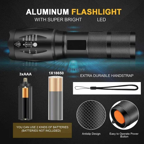 Vista 22 de Linterna LED de alto lúmenes, brillante, con zoom, impermeable, potente, linterna LED táctica de emergencia para el hogar y 5 modos, linterna