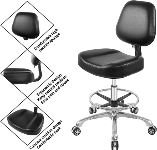 Vista 5 de Silla elevadora, taburete ajustable con respaldo y reposapiés, asiento giratorio, ruedas giratorias para estudio, oficina, salón, mostrador, sillas