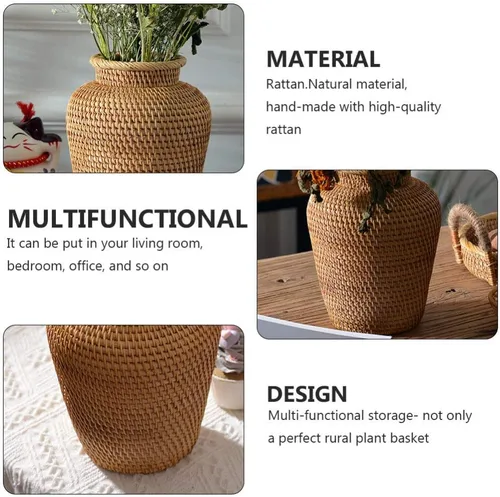 Vista 6 de DOITOOL Jarrón de mimbre rústico de ratán, maceta tejida rústica, maceta decorativa de granja, canasta de almacenamiento de pastos marinos