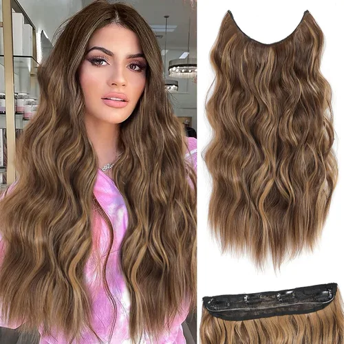 Vista 32 de Extensiones de cabello tipo halo de 20 pulgadas, extensiones de cabello con alambre invisible ajustable, largo, ondulado, sintético, mejorado, 4