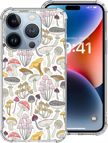 Funda transparente compatible con iPhone 14 Pro Max, diseño de hongos, TPU suave, a prueba de golpes, antiarañazos, transparente, diseñada para