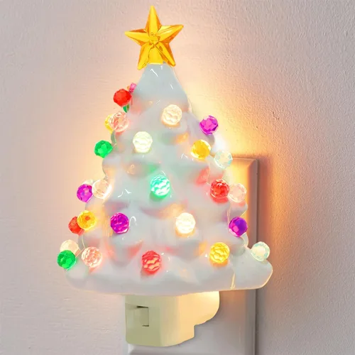 Hausse - Luz nocturna blanca de árbol de Navidad, lámpara decorativa de cerámica con forma de árbol de Navidad para niños, bombillas multicolores y