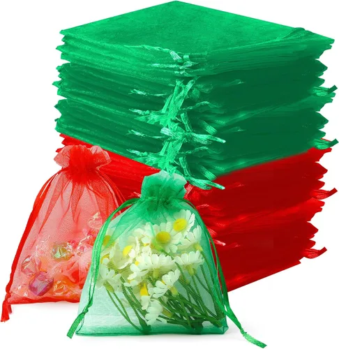 100 bolsas de organza roja y verde, pequeñas bolsas de malla con cordón de 4 x 4.7 pulgadas, bolsa de recuerdo de fiesta de boda, bolsas de malla