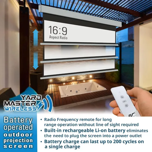 Vista 3 de Elite Screens Yard Master Wireless, 125 pulgadas Diag. Pantalla de proyector motorizada para exteriores 16:9, batería de iones de litio recargable