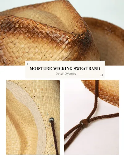Vista 3 de Comhats Sombreros de vaquero para mujer, estilo occidental, redondo, de paja, sombrero de playa, sombreros de vaquera, ala moldeable, caqui