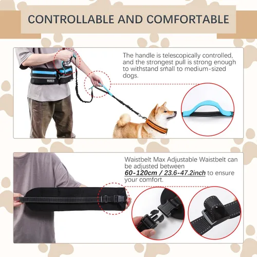Vista 6 de Correa de cintura manos libres con bolsa para dos perros, costuras reflectantes, doble asa y diseño retráctil elástico, ideal para perros medianos a