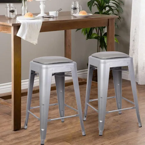 Vista 134 de GIA Taburete de mostrador sin respaldo de 24 pulgadas, cantidad de 4, bronce con asiento de madera clara