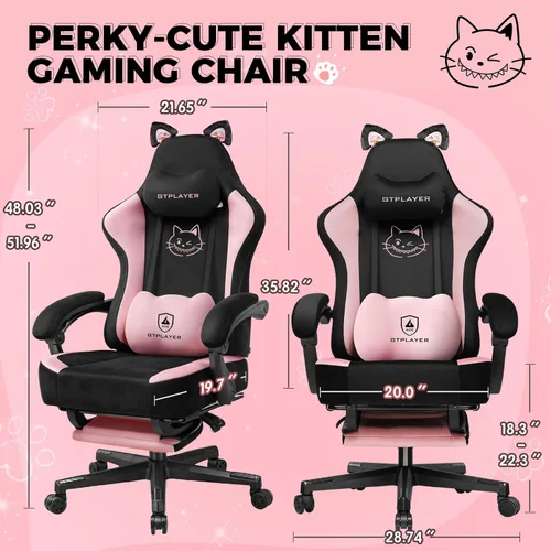 Vista 2 de Silla de juegos rosa linda con orejas de gato, ergonómica con bordado de gato, soporte lumbar de espuma viscoelástica ajustable y reposacabezas