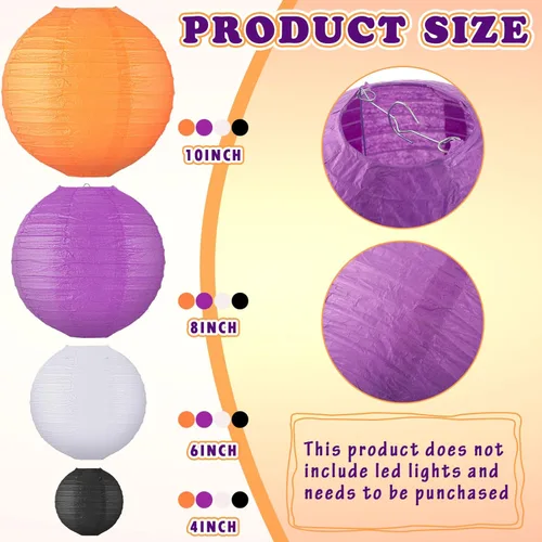 Vista 3 de VIHOSE 16 linternas de papel colgantes de Halloween, linternas de papel redondas, decorativas, naranja, morado, negro, blanco, para Halloween
