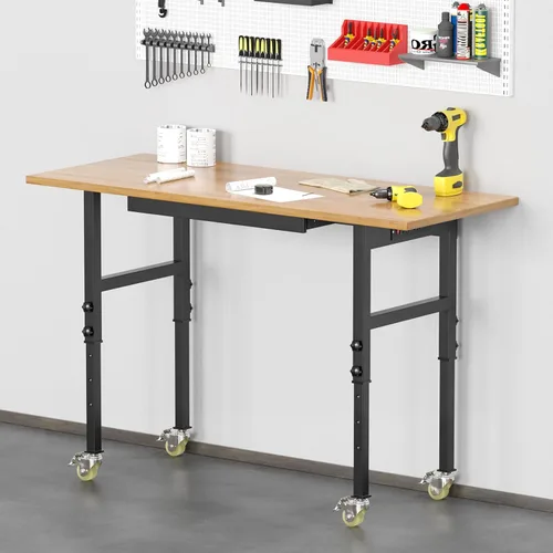 Vista 2 de Banco de trabajo resistente de altura ajustable de 48 pulgadas, banco de trabajo con parte superior de madera de goma, con cajones de toma