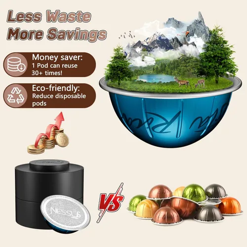 Vista 4 de Kit de cápsulas reutilizables para Nespresso Vertuo, cápsulas de café Vertuo recargables, accesorios de espresso con 100 piezas de sellos, tapas