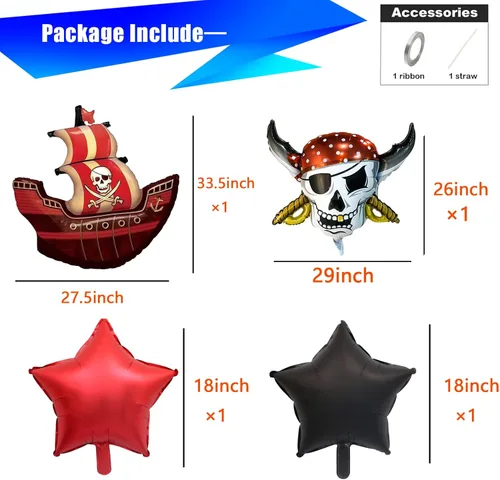 Vista 2 de Globos de aluminio pirata. Globo de capitán de calavera de barco pirata para decoraciones de fiesta pirata, decoraciones de fiesta de cumpleaños