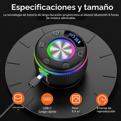 Vista 7 de Portable Speaker Bluetooth with Loud Stereo Bass Sound, Mini Wireless Speaker with 7 RGB Lights, TF-Card USB, TWS Pairing, 4H Playtime, IP7 Negro