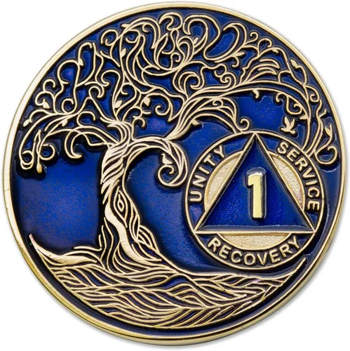 Vista 206 de 1 año Sobriety Mint Twisted Tree of Life Medallón de recuperación AA chapado en oro, chip/ficha - negro