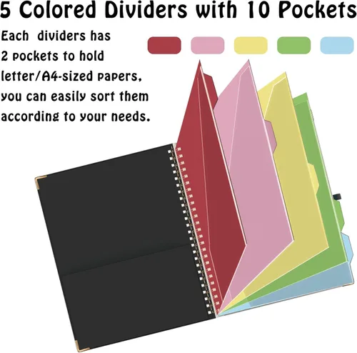 Vista 7 de HAUTOCO Folio portapapeles con bloc de notas rayado recargable para tamaño carta (11" x 8.5"), 5 divisores con 10 bolsillos, soporte elástico