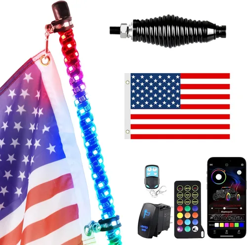 Vista 9 de Luces Whip Uemicip 2PCS 2FT Luces Whip LED RGB en Espiral para UTV, con Base de Resorte App y Control Remoto Inalámbrico RF, Antenas Whip Iluminadas
