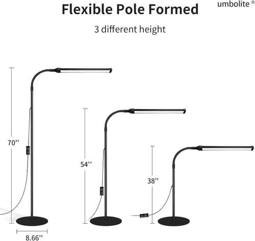 Vista 4 de Luz de Pestañas, Lámpara de Pie LED, Lámpara de Pie de Lectura, Cuello de Ganso Ajustable, 3 Alturas, Brillo Dual de 10W, Lámpara de Pie Portátil