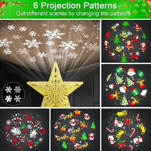 Vista 2 de Proyector de luces para árbol de Navidad con 6 modos de proyección, estrella dorada para árbol de Navidad con proyector LED integrado, proyección