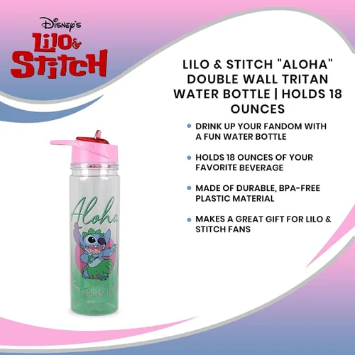 Vista 7 de Silver Buffalo Lilo and Stitch Aloha - Botella de agua Tritan de doble pared Botella de plástico sin BPA con tapa de rosca y tapa abatible