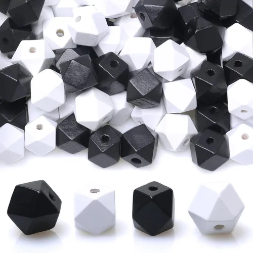 100 cuentas geométricas de madera de 0.630 in, cuentas espaciadoras de madera con forma de polígono en blanco y negro para proyectos de