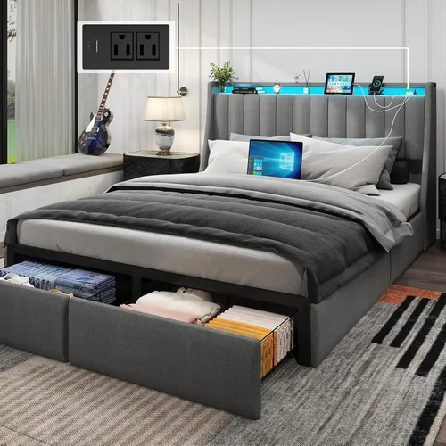 Vista 3 de Base de cama tamaño Queen con 2 cajones de almacenamiento, base de cama con plataforma tamaño Queen con luz LED, cabecera tapizada, estación