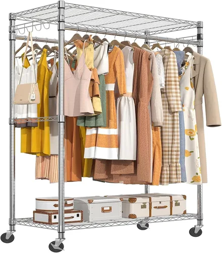 Vista 10 de Simple Trending Estante de ropa resistente de 3 niveles ajustable con varillas dobles y ganchos laterales, estante de almacenamiento de armario