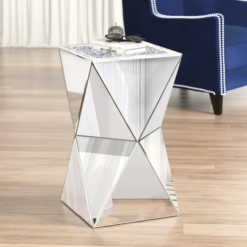 Vista 5 de ENENE Mesa auxiliar decorativa de cristal para sala de estar, espacios pequeños, mesa auxiliar moderna con pedestal para dormitorio, oficina