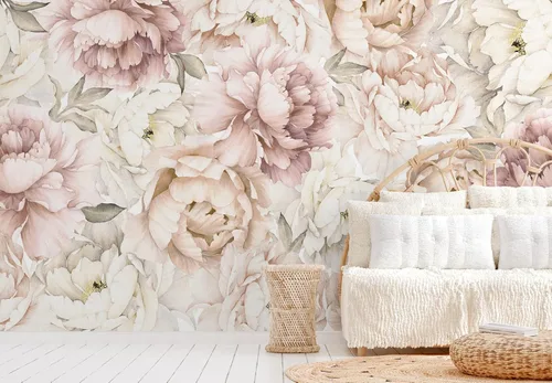 Vista 5 de Murwall Papel pintado de peonía pastel acuarela floral mural de pared suave flor peonías papel pintado