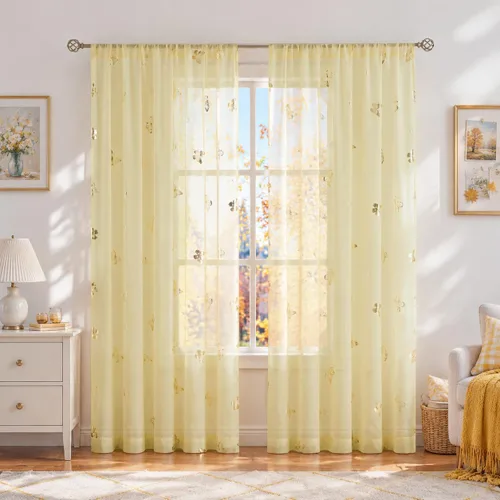 Vista 10 de Jubilantex Paneles de cortinas transparentes de mariposas negras y doradas de 52 pulgadas de ancho para dormitorio de niñas, elegantes cortinas