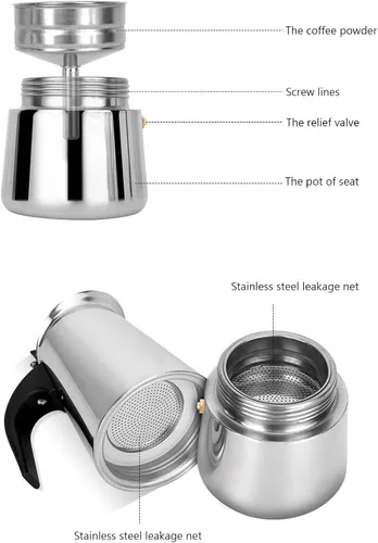 Vista 6 de Hervidor de café máquina de estufa olla Moka cafetera italiana cafetera clásica para cafetería acero inoxidable 430 adecuada para cocinas