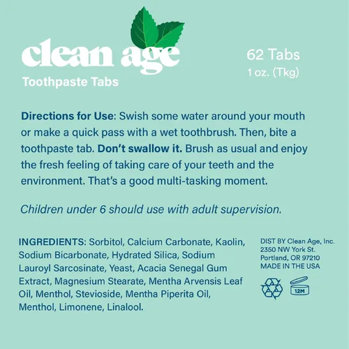 Vista 2 de Clean Age, Tabletas de pasta de dientes de menta, 62 unidades, paquete de 2, 124 piezas en total, pestañas de pasta de dientes sin flúor para niños